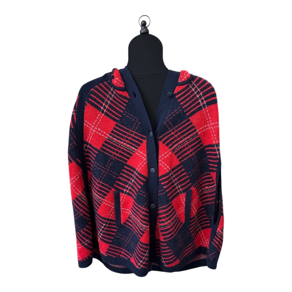 Tommy Hilfiger Plaid Hooded Cape Poncho Button‎ Front Pockets Womens XS